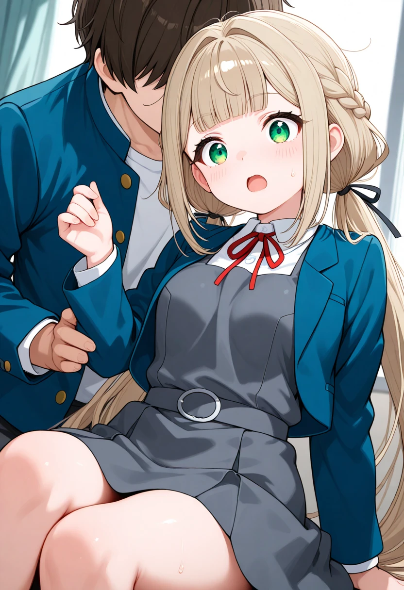 {{{masterpiece}}}, {{{best quality}}}, {{ultra-detailed}}, {illustration}, {{an extremely delicate and beautiful}}, (beautiful detailed eyes:1.6), extremely detailed face, 16k, anime face, NSFW, Shiina Mahiru(The Angel Next Door Spoils Me Rotten), aamahiru,1girl, solo, cute face, long hair, Blonde Hair, Brown eyed(High resolution eyes, Beautiful eyes、Light in the eyes), flushed cheeks, Slender, medium breasts, thin waist, big hips, curvaceous, red bowtie, blue jacket, blazer, long sleeves, white shirt, pleated skirt, plaid skirt, brown skirt, pantyhose, zettai ryouiki, BREAK, NSFW, 1boy, 1penis, deepthroat,(fellatio:1.5), girl eating penis, face stained, sucking penis, face focus, cum on hair, (bust shot:1.3)