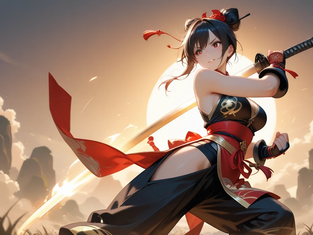 A woman with a bow and arrows，An ancient Chinese beauty，Beauty with short hair，Koi，Intangible cultural heritage fish lamp，squatting pose，illustratio，the night，Lotus，Lotus leaf，Glowing lotus，stage lighting，warm lights，downy，brightly， bustle，Full body photo，in a panoramic view，Around the halo，Around the flow of water，Look at the perspective from above，vividness，with dynamism，dynamic movements，Expressiveness，cinematic ligh，Amazing ancient Chinese epic theme，Virtual-real contrast，lightand shade contrast，soft focus，Ethereal，Game cg style
