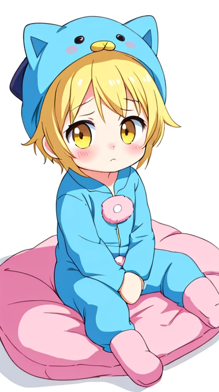 chubby Little boy with golden hair and shiny gold colored eyes and colorful socks wearing a onesie pajama sitting on a bed, young, boy, child, small, toddler, soft light, (socks:1.4), (little boy:1.4), (shota:1.4), (cute:1.4), (small:1.6), (blue socks:1.8), (onesie costume:1.8), (sweatpants:1.6),
