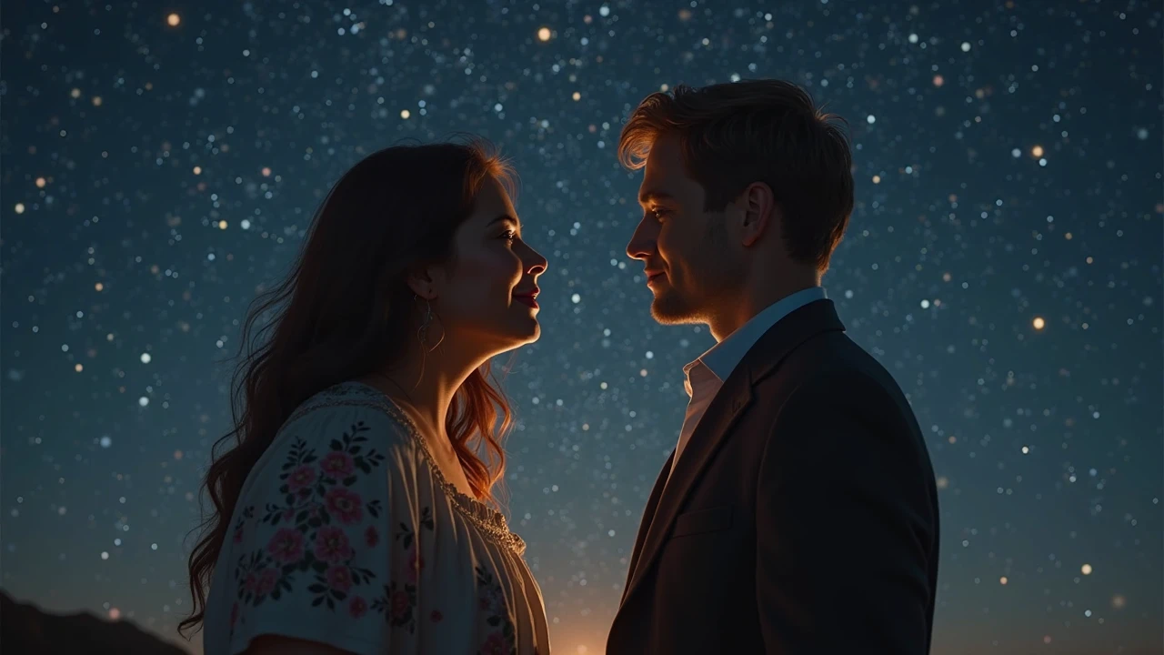 1111 twin-soul lovers, soul mates, (((man and woman))), best quality, 32k, high resolution, hyper realistic, sharp focus, breathtaking, background hearts, background stars, spotlight on couple,