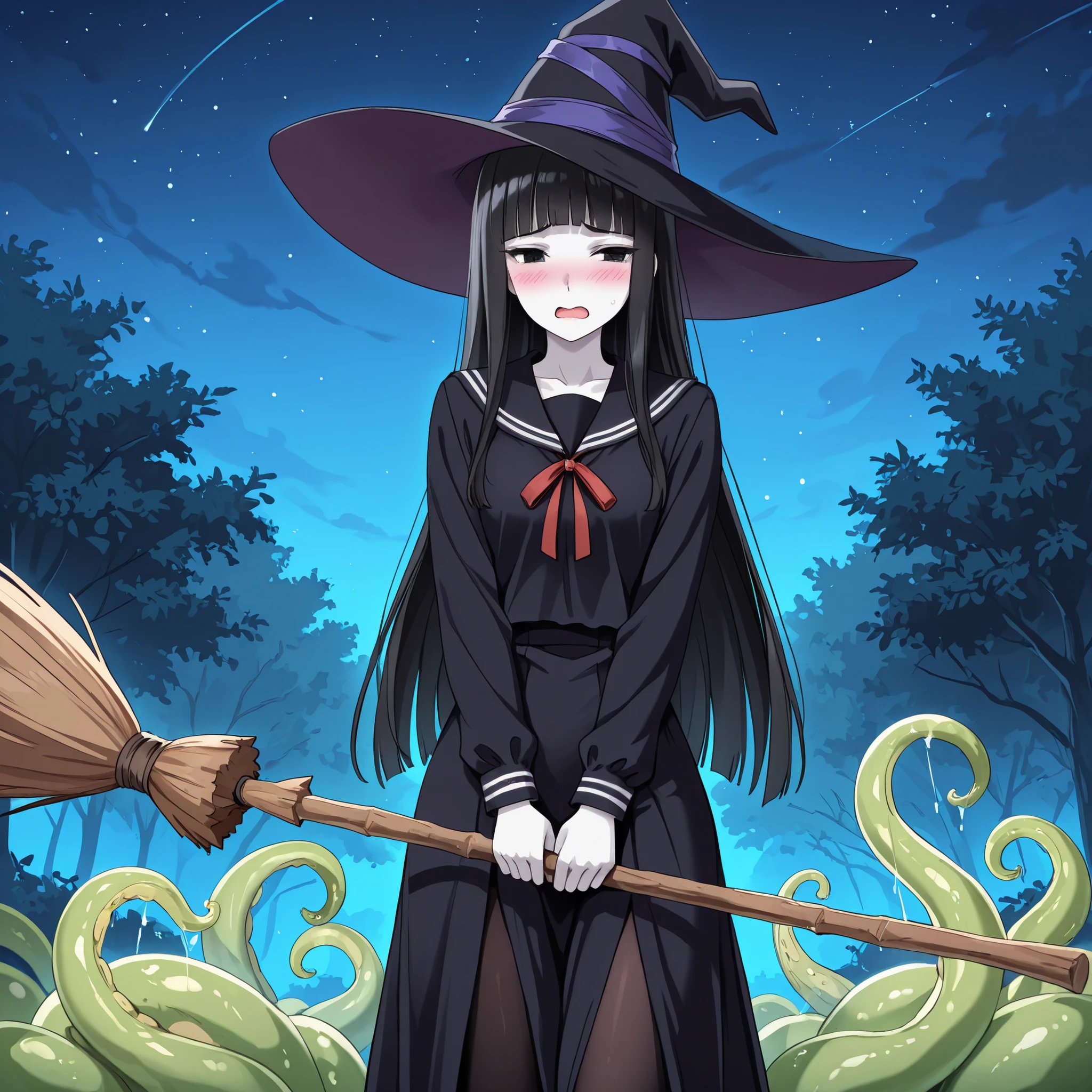 1 girl, beautiful girl,adult,18 years old,black eyes,narrow eyes,black hair, very long hair,blunt bangs,skinny,masterpiece,general,highres, ultra-detailed,very aesthetic,best quality ,best hands,best eyes,perfect anatomy,anime coloring,easynegative,black long-sleeve sailor uniform with red ribbon,black sailor suit, long sleeves,black tights, anime style,white skin,whole body,standing,witch hat,sorceress robe,witch,broom,night,green tentacles,green slimes (substance),embarrassed,blush,open mouth,