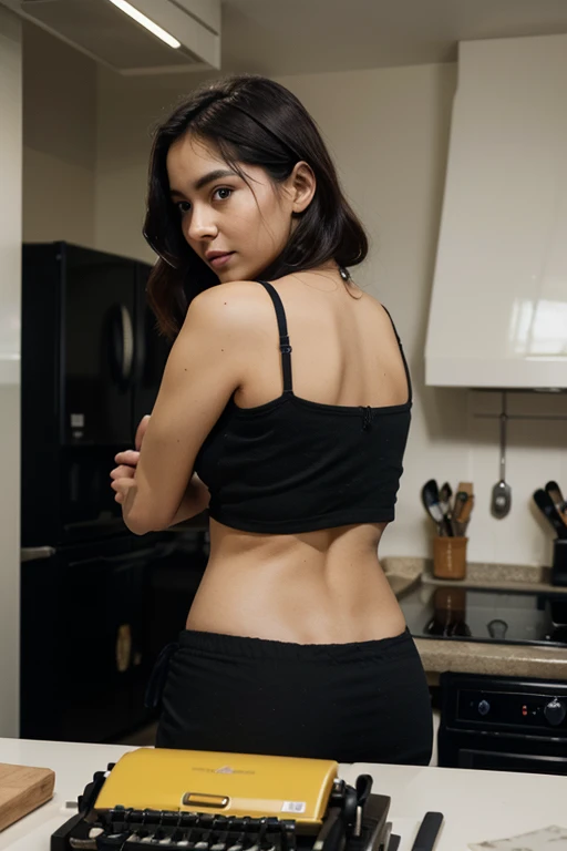 araffe in a black bra top and white shorts in a kitchen, korean girl, gorgeous young korean woman, back pose, in shorts, cottagecore!! fitness body, toned derriere, thicc, side pose, beautiful south korean woman, booty shorts, 2 4 year old female model, sexy girl wearing shorts, korean woman, lit from behind