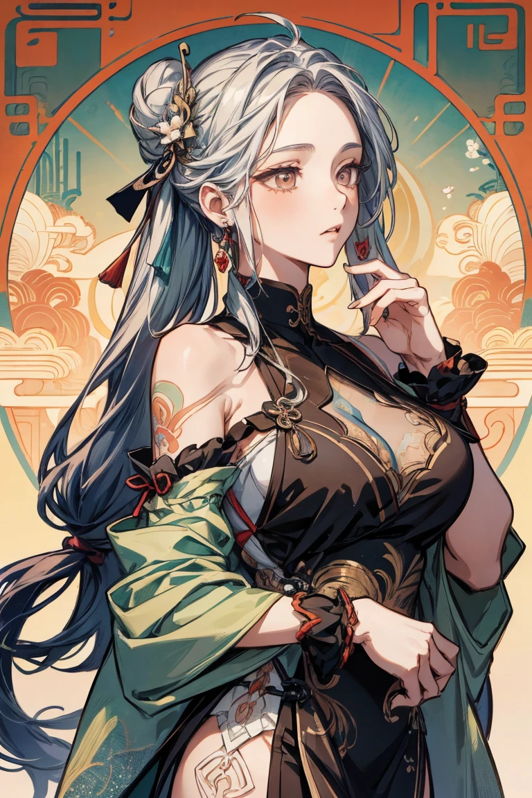a beauty girl,Mature face,a matural female,Fluffy tail hair,Ultra-loose underwear,clothes slipping off,Anterior convex and posterior,Straight chest,Ruddy complexion,Huge fox tail,nabel,(huge tit),adventurer,tit,areola of breast,pantiess,Stockings,Human Services Group,(Chinese tradition),(Pubic bone),(on cheongsam),Blue hair