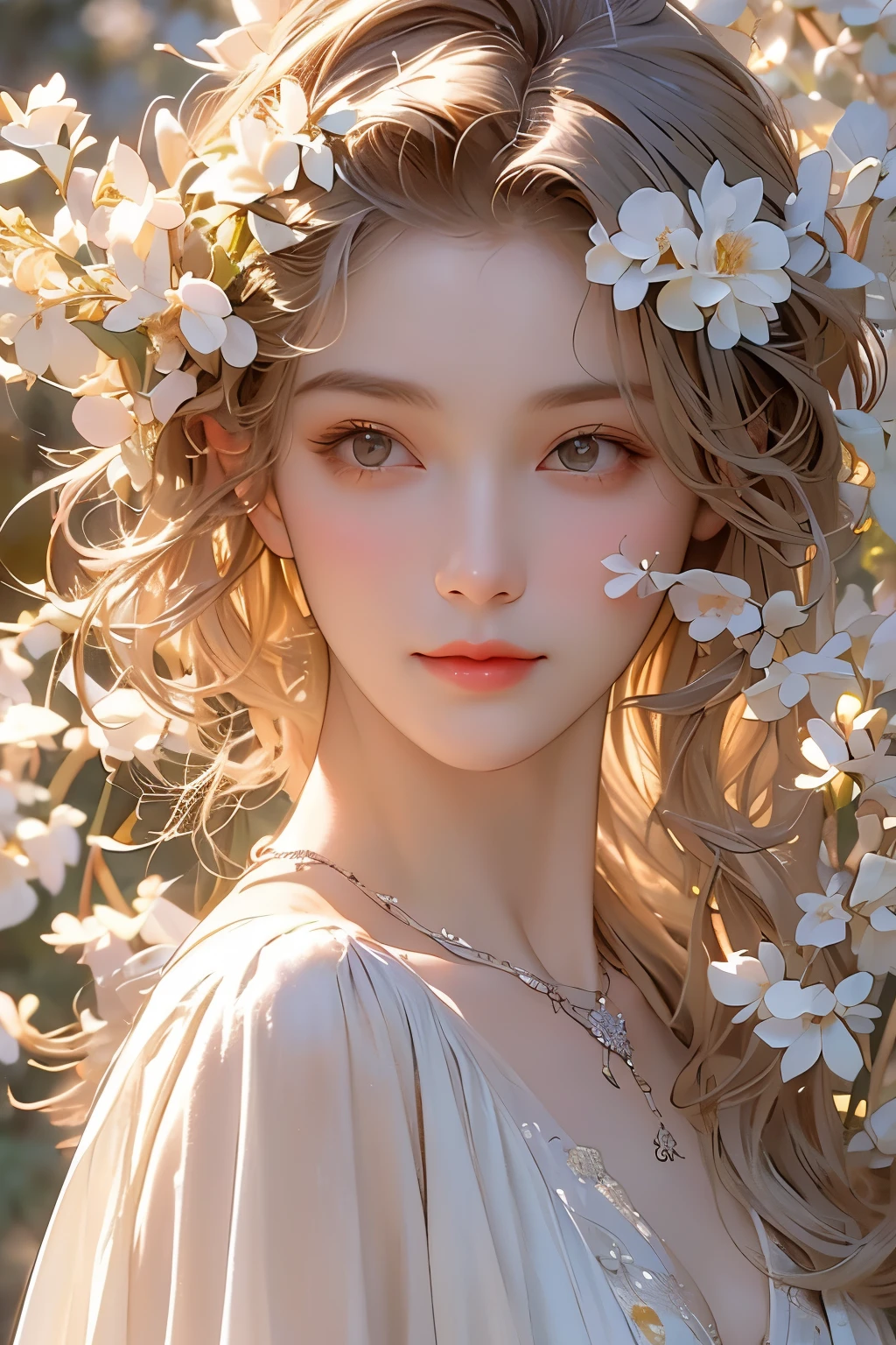(Oil painting of a young, beautiful woman), striking portrait, (calm, gentle, girlish smile), (almost straight, medium-long silver-gray blonde hair), (close-up), glossy lips, (simple, urbane, sharp shirt), (slim figure), small necklace, soft spring sunlight, young leaves on the trees, fine and precise details, small spring flowers, muted colors, bright primary colors used partially as accents, use of contour lines, clean line drawing, (Alphonse Mucha-style composition), (stylish decorative frame in Art Nouveau style), masterpiece!, beautiful!, wonderful!, perfect!