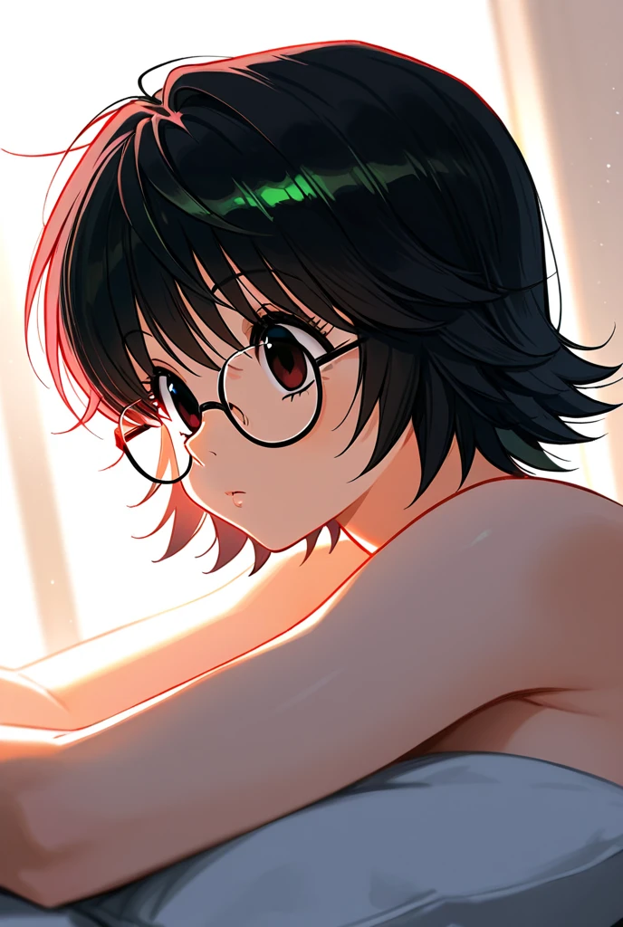 (Perfect body),Highest quality,16K、Masseter muscle area、((Browsing Caution))、((((Embarrassing))))、(Breast augmentation)、Are crying、(obesity)、(kiss、Sticking out tongue)、Armpits、Hands behind head、short hair、(Red eyes),Black Hair、((Sweat))、(((Focus on the face)))、(Bedroom at night)、Glasses