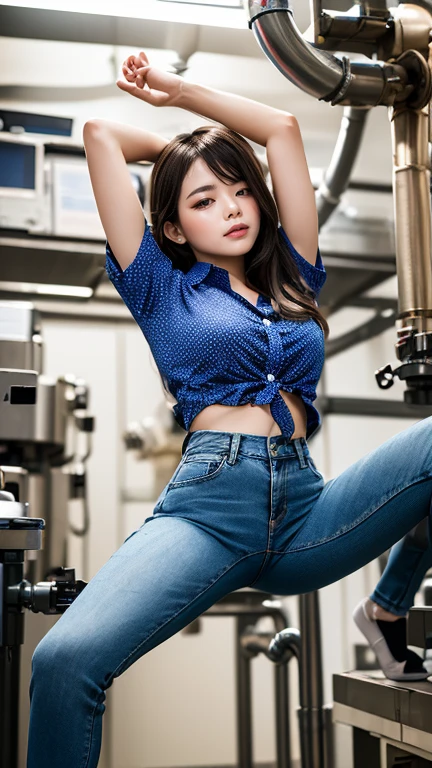 ((highest quality、Best image quality、Ultra-high resolution、Ultra high definition drawings、alone、Look closely at the camera、Light-colored eyes))、(1 girl:1.9)、(ponytail),(Blue Police Hut: 1.4),(smile: 1.4),(White shirt: 1.9), (thong in light blue、Pussy: 1.8), As the title says、、(on stage:1.2)
