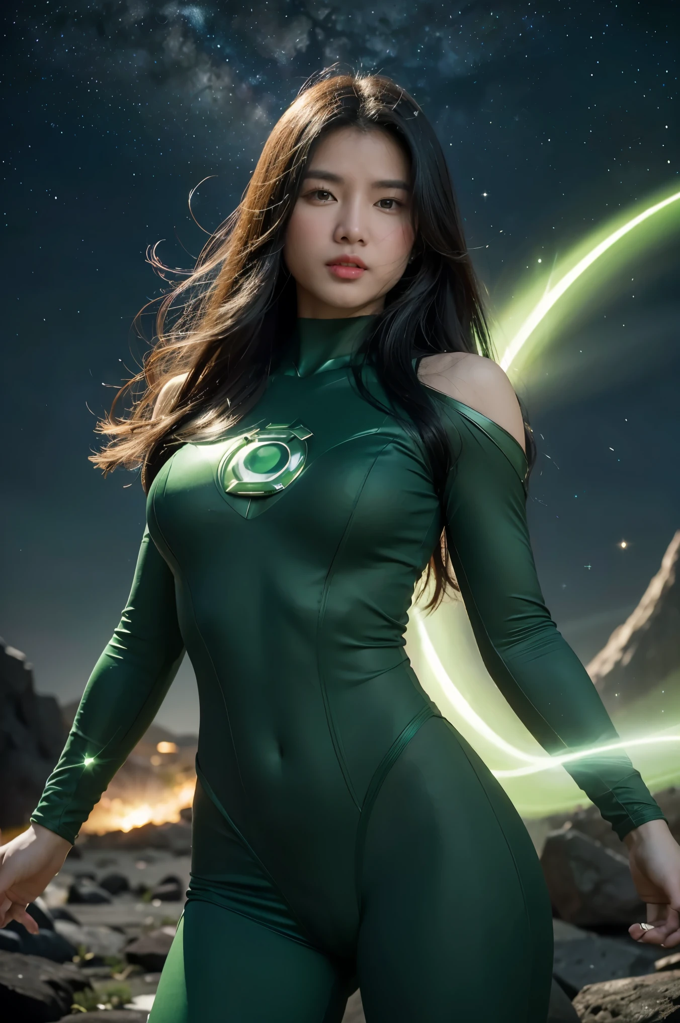 (best quality, 4k, highres, photorealistic), (concept art: 1.2), (bright colors: 1.1), (glowing effect: 1.1), (intense green: 1.2), (dynamic pose: 1.1), (powerful aura: 1.2), (fierce expression: 1.1), (sparkling eyes: 1.1), (flowing hair: 1.1), (ethereal beauty: 1.3), (background: cosmic scenery), (cosmic energy: 1.2), (vibrant stars: 1.1), (energy beams: 1.1), (futuristic technology: 1.2)
A beautiful woman with lined lips, wearing a green bodysuit that tightly hugs her muscular and toned skin. Her outfit covers her navel and is adorned with intricate makeup designs. She is the iconic Green Lantern, a superhero from the DC Comics universe with extraordinary powers.
This version of Green Lantern is a muscular and powerful female character, wearing an all-green uniform that accentuates her figure. Her bodysuit is fitted to her form, emphasizing her curves. The viewer's attention is drawn to her medium-sized breasts, which are beautifully detailed and add to her realism and overall aesthetic.
As she looks directly at the viewer, her captivating gaze is enhanced by the realism of her eyes, which sparkle with intensity. Her expression is fierce and determined, displaying her unwavering dedication to protecting the innocent.
The artwork is of the highest quality, with a resolution of 4K, showcasing every ultra-detailed aspect of the beautiful woman. The photorealistic style brings her to life, making her appear as if she could step off the canvas and into reality.
The artist has captured the essence of Green Lantern's power and aura, with a vibrant and dynamic pose. Her body emanates a powerful and glowing green energy, forming a captivating cosmic scenery background. The starry night sky is filled with vibrant and vivid colors, giving the artwork an otherworldly feel.
The cosmic energy radiating from Green Lantern is depicted through energy beams and futuristic technology surrounding her. The intensity of her power is further emphasized by the bright and glo