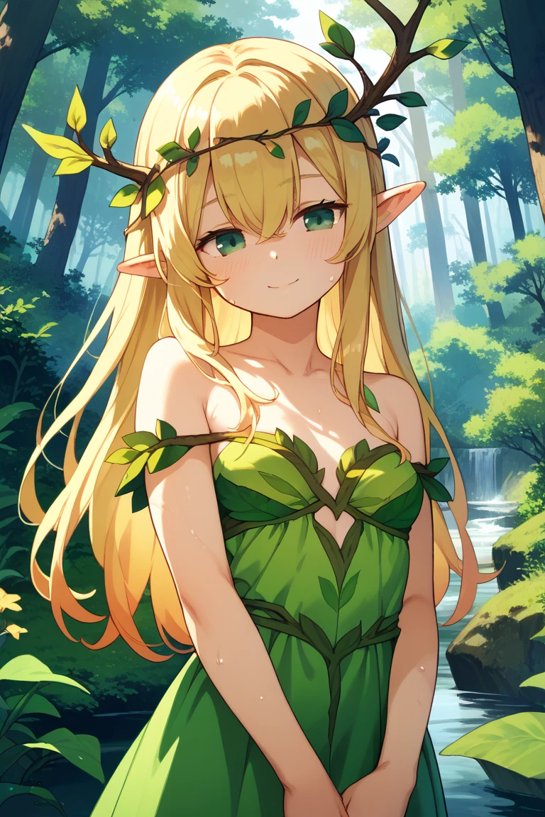 1girl,elf,queen of nature,20 years old,tall,blue eyes,perfect eyes,long blond hair,nature dress,forest,masterpiece,very aesthetic,newest,nsfw