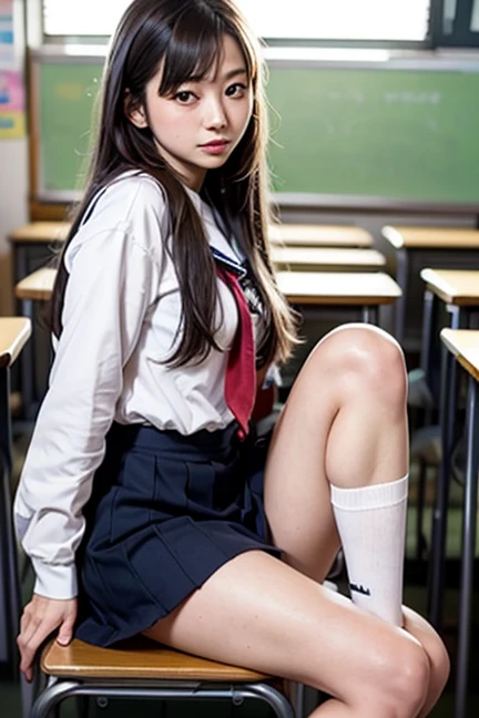 1girl in、(Super beautiful)、(beauitful face:1.2)、(Clear pubic contours),(spreads her legs)、(tie up with rope:1.4)、Classroom chairs、high-school uniform、Dark blue pleated skirt、white panties、(At SFW:1.1)