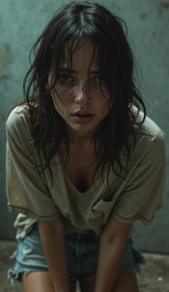 Jeans,covered with mud,brown long ponytail haircut,Detailed eyes and face,expression of despair,blouse,Dark and moody lighting,shameful fetish atmosphere,desperation,Bathroom,In a mud bath,Fading woman