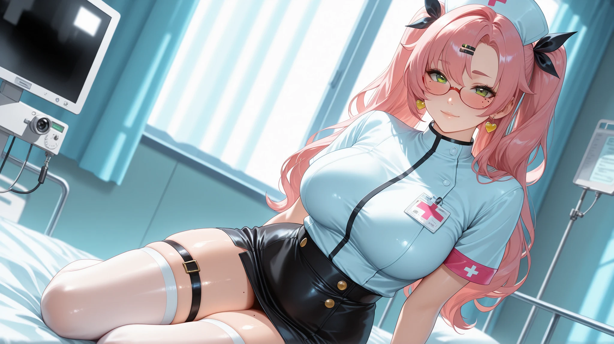 absurd, 8K, high resolution, ultra-detailed, beautiful, masterpiece, best quality, very pretty woman, young, very pretty woman, sexy, (doctor clothes:1.5), bra peeking out, tights, full body picture, blue eyes, sexy, detailed woman's face, very attractive, (very large breasts:1.2), pinned up hair, bun, long hair, pink hair,