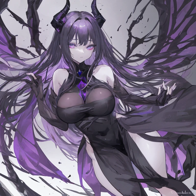 Beautiful woman - she is in a black dress with purple details, long straight hair, black hair and hair on the sides, with black dragon horns, with black dragon wings, large breasts (huge), beautiful, charming, bright purple eyes, elegant, mysterious face, kind face, charming, against the background of great purple magic.