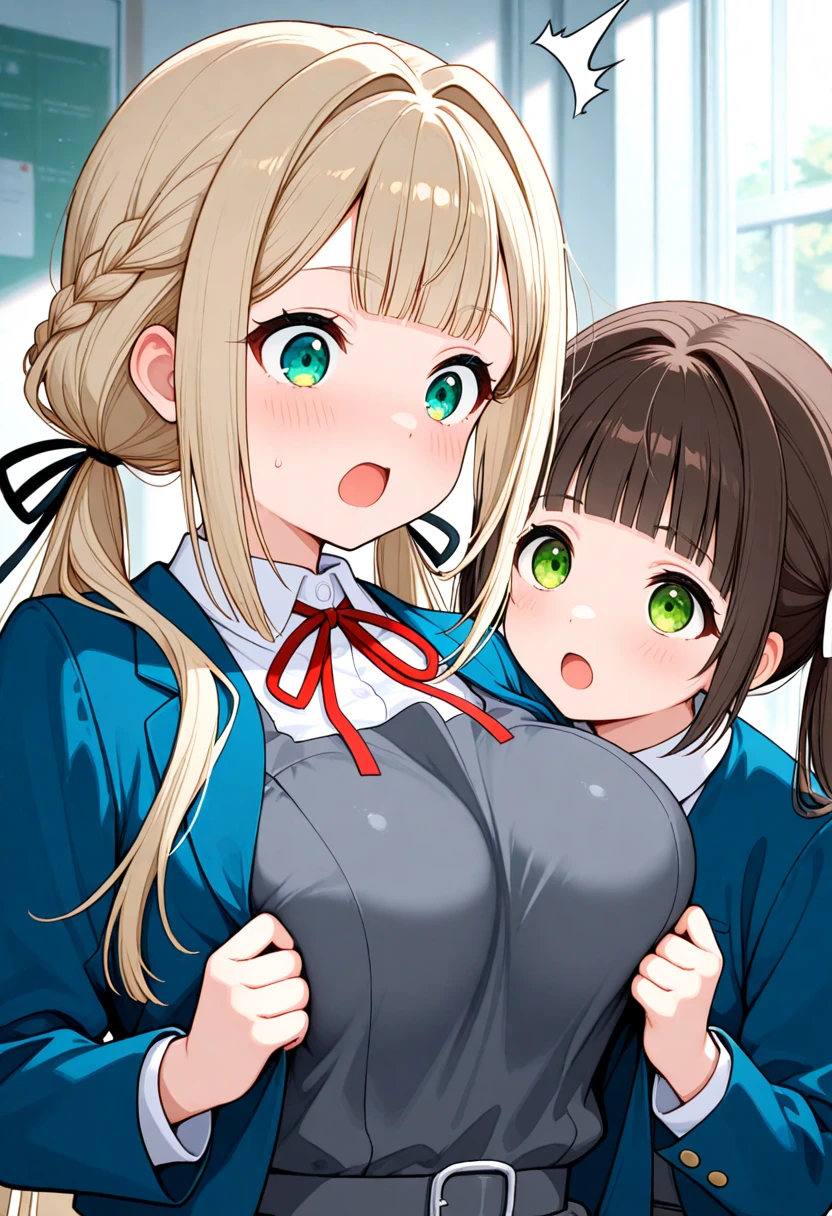 Two busty girls rub each other&#39;s breasts in their underwear while giving each other a blowjob in a school classroom
