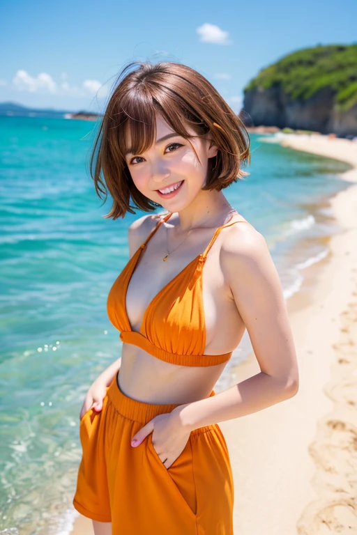 (Sitting on the beach watching the sunset:1.5)、(A kind smile:1.5)、(18-year-old female:1.5)、(The best quality at its best:1.4), (Super detailed), (Very detailed CG unified 16k), Beautiful woman with perfect figure: 1.4, Sharp focus: 1.2, Very detailed, High-quality RAW color photos, Professional photography, Great face and eyes, cosmetics, (Amazingly beautiful girl), ((Girl in swimsuit:1.5)), Realistic movie faces, Full body long view from head to toe, Realistic, ((Realistic natural orange red hairstyle)), ( Short Bob Hair:1.5), (necklace:1.5)、, Very beautiful face, Perfect model beauty, Mouth swelling, Highly detailed face and skin texture, Fine grain, double eyelid, Medium chest, (masterpiece), Highest quality, High resolution, Very detailed, Blurred Background, Depth of written boundary, Cinema Lighting, Great legs, , Clear, well-maintained skin,((Full body shot from head to toe:1.5))