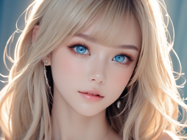 pretty girl, (ash blonde hair), ((very bun hair)), perfect face, innocent smile, Upper body,(Cerulean Eyes), (yan), (), (thin), ((flat chest)), ((16 only)), skin dents, extreme details, attractive oval face, red lips, pink, Glossy skin, fine hair, face focus, close up of chest, luxurious hair ornament, gold earrings, ((1 girl)), embarrassed look,