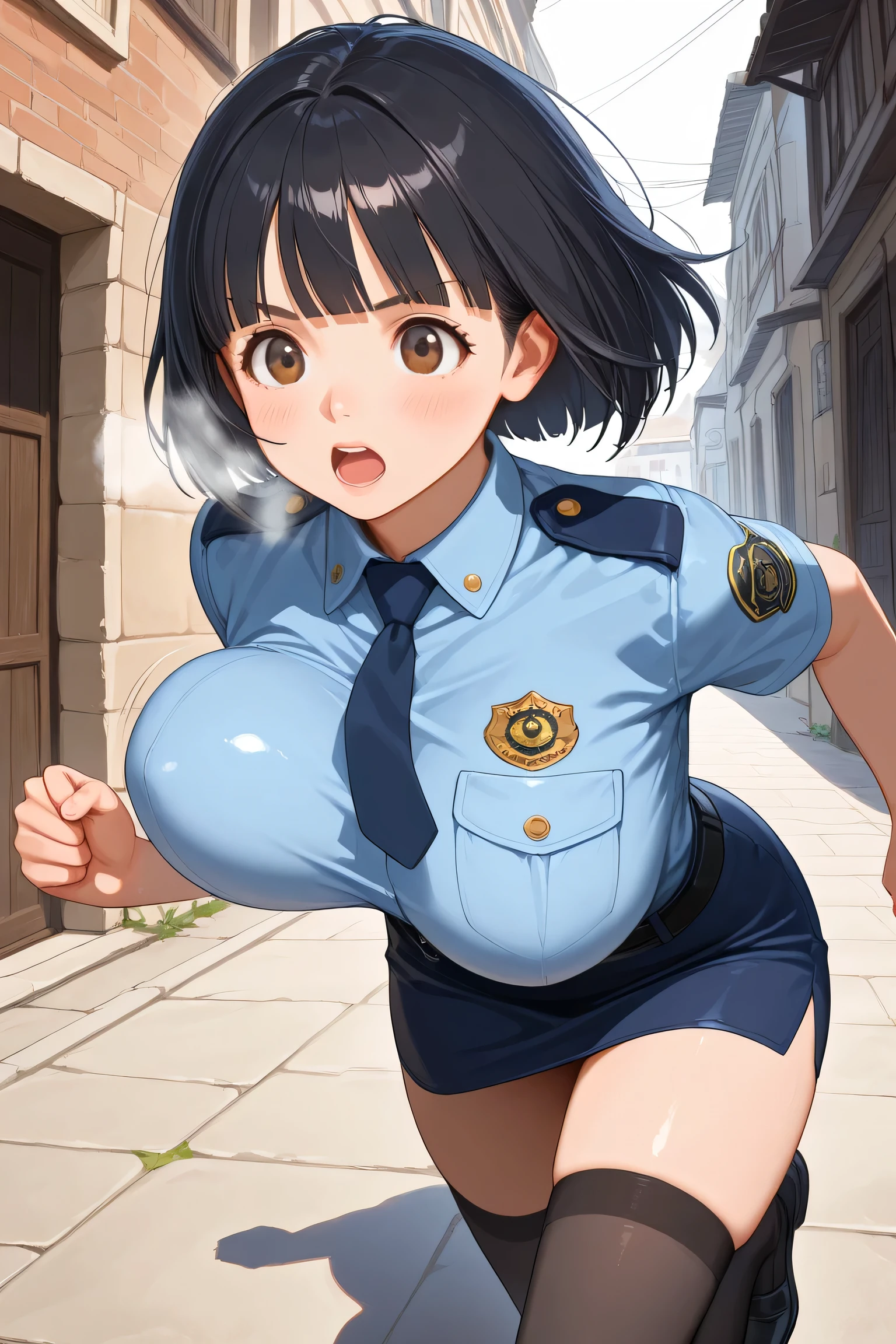 1girl, running, bouncing breasts, cowboy shot,
BREAK girl, 22yo, short hair, bob cut, ear, (blunt bangs), black hair, (tareme:1.2), detailed cute brown eyes, curled eyelashes, (large breasts:0.8),
beautiful eyes, beautiful face,
police woman uniform, impossible clothes, mini skirt, zettai ryouiki, thighs,
blush, serious, open mouth, heavy breathing,
outdoors, town, back alley, light and shadow,
masterpiece, best quality, amazing quality, very aesthetic, absurdres, newest, (realistic:1.2), super detailed, extremely detailed, sharp focus, nsfw, explicit