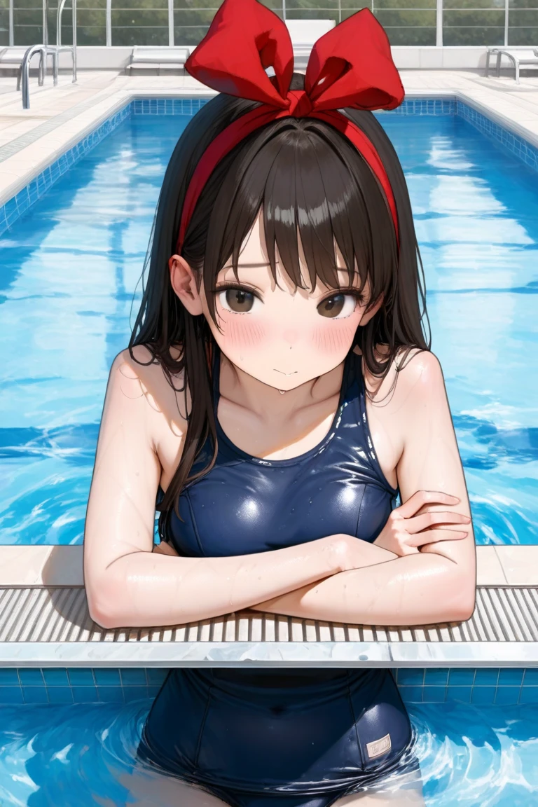 masterpiece, best quality, hi-res,, one girl, solo, brown eyes, medium hair, black hair, hair ornament, hairclip, mole, mole under eye, big boobs,, bangs, eyebrows, naked, poolside, wet