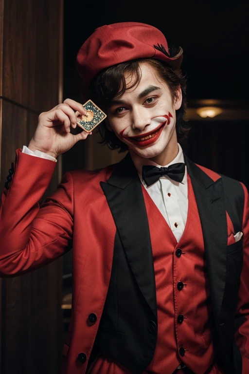 "Draw a joker card from a deck with the following characteristics:
main character: A joker smiling evilly.
Main Colors: red and white.
fund: blackw.
styled: animated cartoon.
The joker must be dressed in typical court jester clothing, with a peaked hat and bells. The joker's smile should be exaggerated and a little scary, with eyes that convey malice. Use vibrant shades of red and white for the joker's costume, standing out against the black background. Add some fun details, like playing cards flying around or magic elements to enrich the illustration."