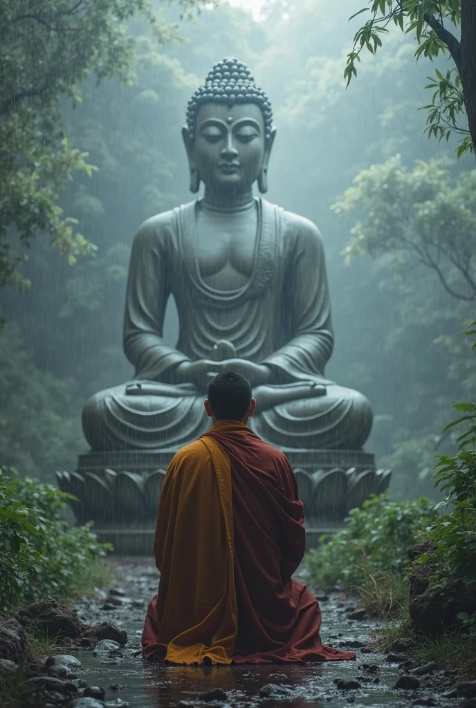 realistic, Buddhist monk meditates in front of Buddha statue, peace, silence, chillout, harmony with nature, morning, gentle fog