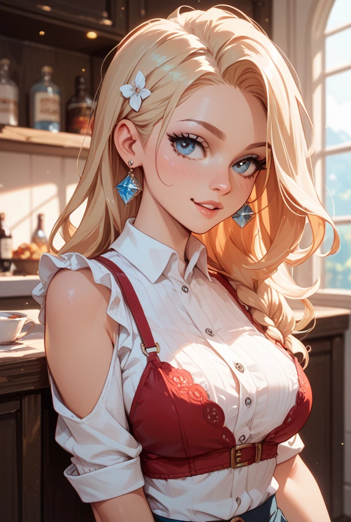 Hare, magical, folklore, fantasy, Gods, Kings, wizards
((ultra quality)), ((tmasterpiece)), gnome girl, Short stature, ((blonde woman, hairlong)), (silver ear rings), (silver necklace around the neck), (Beautiful cute face), (beautiful female lips), Charming, ((sexy facial expression)), is looking at the camera, eyes are slightly closed, (Skin color: white), Body glare, ((detailed beautiful female eyes)), ((dark blue eyes)), (juicy female lips), (beautiful female hands), (A bit full figure, bun), ((perfect female figure)), perfect female body, Beautiful waist, Gorgeous hips, Beautiful medium breasts, ((Subtle and beautiful)), sits seductively on a chair (close-up of the face), (wearing blackface jeans, white tanktop) background: in a kitchen ((Depth of field)), ((high quality clear image)), (crisp details), ((higly detailed)), Realistic, Professional Photo Session, ((Clear Focus)), the anime