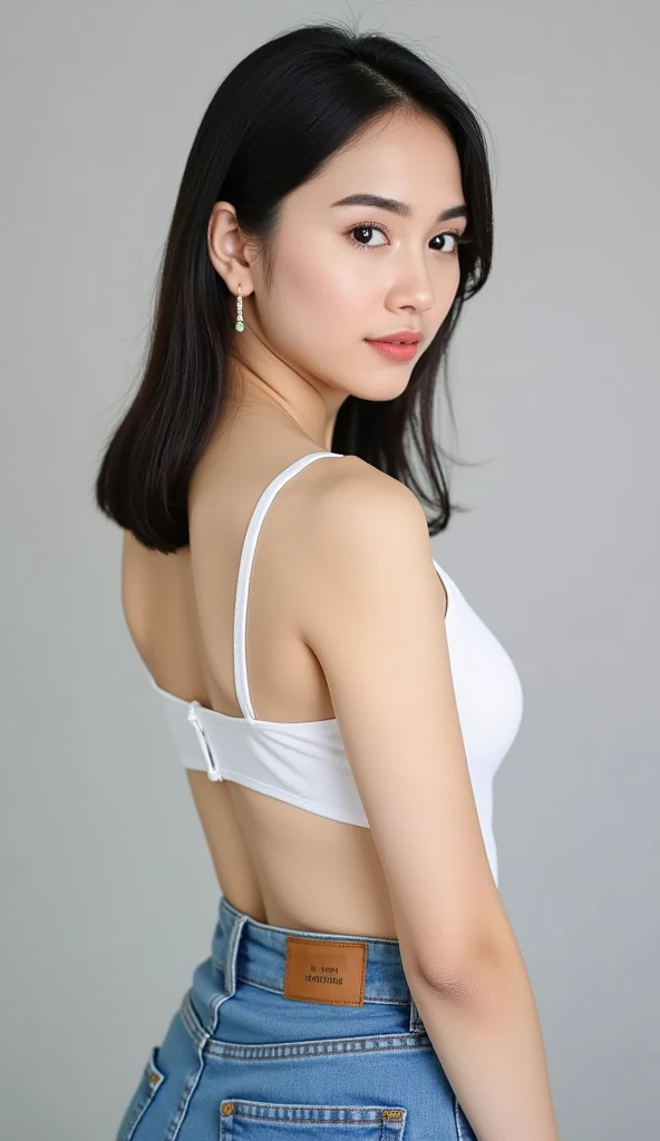 Top image quality, 8K, masutepiece, studio shoot, White background, Japan Girl(sixteen years old), full bodyesbian、posterior view、small ass、large full breasts、kawaii, 二重まぶた, a white bikini、middlebreasts、A dark-haired、Long、straight haired、Glossy hair、Photograph the whole body、