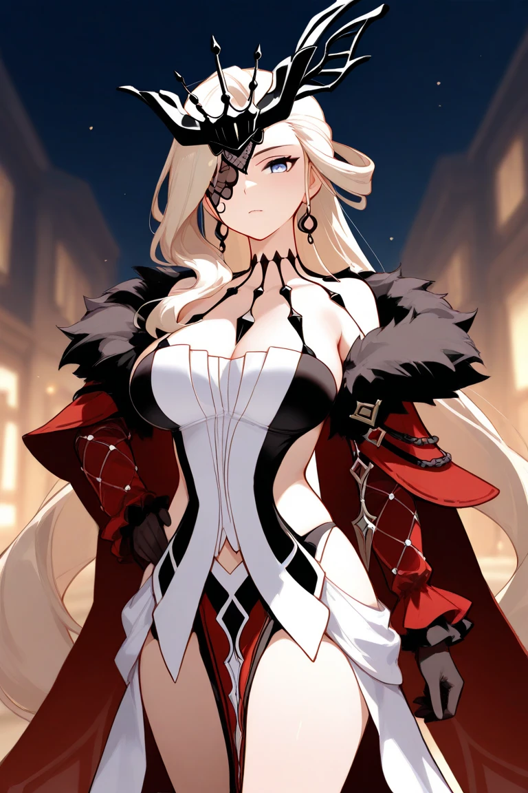 (Masterpiece:1.4),(highly detailed), (high CG:1.4), high quality, ultra detailed, ultra realistic, hyper beautiful and delicate, (1 girl:1.4), (ultra detailed eye:1.4) , (mascular body:1.3), darkness,(illustration:1.4),(overexposure:1.3),(photography:1.3),(macro lens:1.1).,kurenaiz1, best quality, (((clearly drawn face))),(detailed body),(((perfect anatomy))),(detailed eyes),(detailed skin),(shiny_skin),(shiny_hair), (octane rendering), 16k, (ultra high res) , (ultra realistic) ,(serious eyes), perfect face, mysterious, atractive, Signora is a tall woman with pale skin, platinum-blonde hair, and light grey eyes. Some of her hair is tied into two rose-shaped buns at the back of her head. ((((She wears a black earring on her left ear and a black mask that covers her right eye)))), ((fur-trimmed coat)), (red cape), fur trim, large breasts, ((black gloves)) , blurry background, fantasy palace interior background, walls, windows, light coming through the balcony window, beautiful interior, furniture, oak floor, marble walls, (((one hand on her hip, the other limp to her side))).
