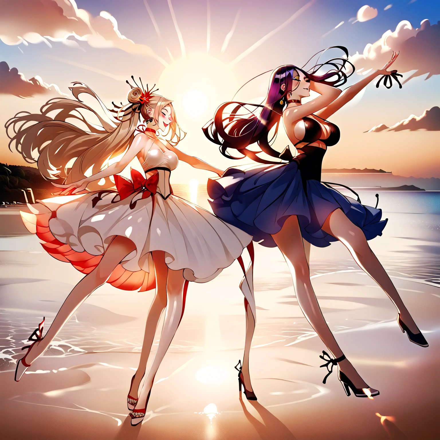two women on the beach which has clear blue water, bright shining skies. . The first woman has long black hair and red eyes and wears a light red beach dress, while the second woman has short blonde hair and blue eyes and wears a light blue beach dress.they were both playing in the water and smiling brightly