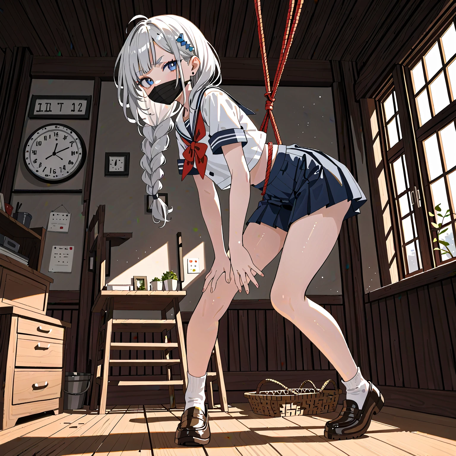 highest quality、High resolution、detailed background、beautiful and detailed face、beautiful and smooth skin、skin texture、professional lighting、Beautiful teenage girl、(huge breasts:1.2)、sexy sailor suit or uniform、Pleated mini skirt with tartan plaid pattern、cute hairstyle、white knee high socks、((tied to a chair in a small room、全身をbeing restrained、手足をbeing restrained、being restrained、to be tied up))、tied up and legs spread、cover your mouth、looks like you'feel like cry、emphasize the chest、underboobを強調する、No bra、胸がbeing restrained、太ももがbeing restrained、Arms are tied、ロープでto be tied up、
underboob、panty shot、cute panties、camel toe