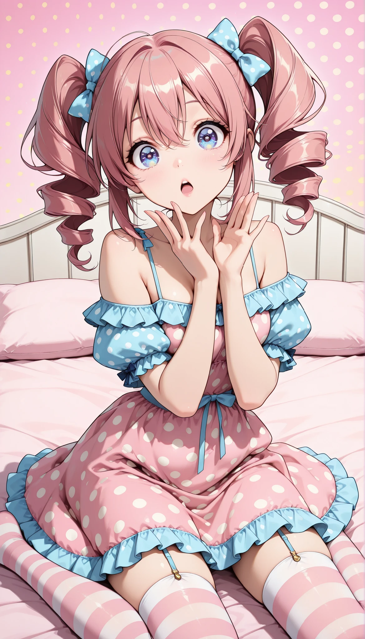 Cute Twentysomething Female, Miho Nakano, (big eyes), (Xiaoyan), (High Detail Skin:1.2), sexy faces, Glamorous Expression, Beautiful appearance, pink hair, twin drill, (comic style eyes , surprise, droopy eyes), pop art, colorful, bright color, pastel color, (detailed clothes, ruffle dress, polka dot dress, off shoulder, puff sleeve, Striped Stockings), Japanese anime style, (wariza, raises both hands, pink pastel room background, cute pop decor), kawaii, Moe, Interesting, bright style , (Highest Quality, Very Detailed, CG illustration, masterpiece:1.2, Best Aesthetics).