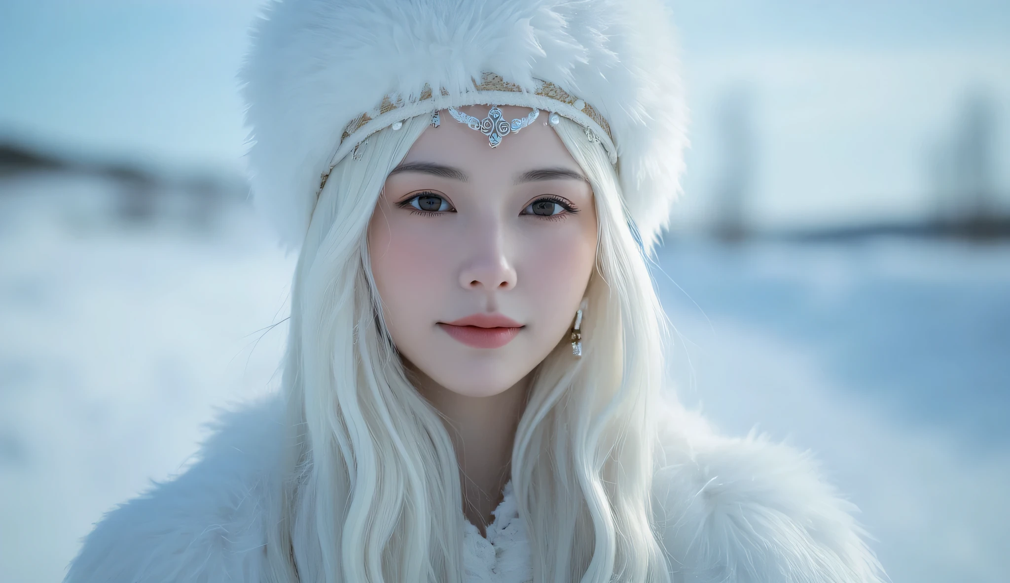 a Korean woman with long blonde thin hair, she is wearing a white fur hat and laying in the snow, studio snow mountains in background, appearance like kpop, gray top with suspending diamonds, gray foil on top of white fur skirt, white furry boots, tiffany jewels, top laced with rhinestones, ice queen, pale snow, furry white earrings, chanel golden bracelet, high detail, 8k,korean girl, prominent features of her face like (idol) kpop, profesional photo
