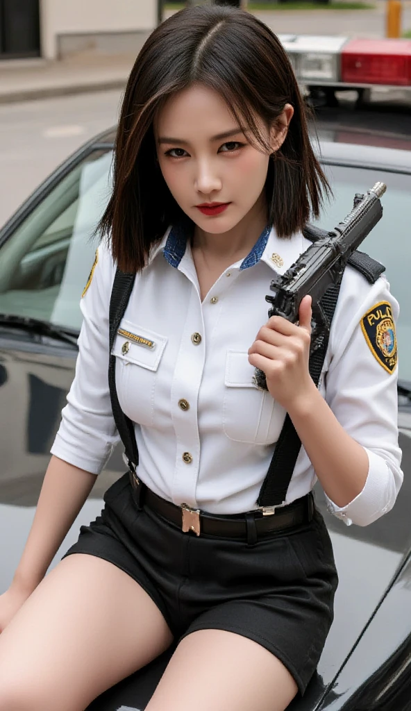 absurderes, Raw photo, Extremely delicate and beautiful, masutepiece, Best Quality, Ultra High Resolution, 16 K, hyper realisitic, Ultra-detailed, Perfect Anatomy, Ultra-detailed細なスキン, Perfect figure, Very detailed CG 8k wallpaper, in her 20s, Very slim body, Narrow waist, Very small head, Very small face, Very detailed face, Very detailed eyes, tear moles, Earring, thin legs, ((very massive round chest)), Girls, ((Full body shot)), Short hair, Wavy Hair, light brown hair, ((((police officer uniform)))),