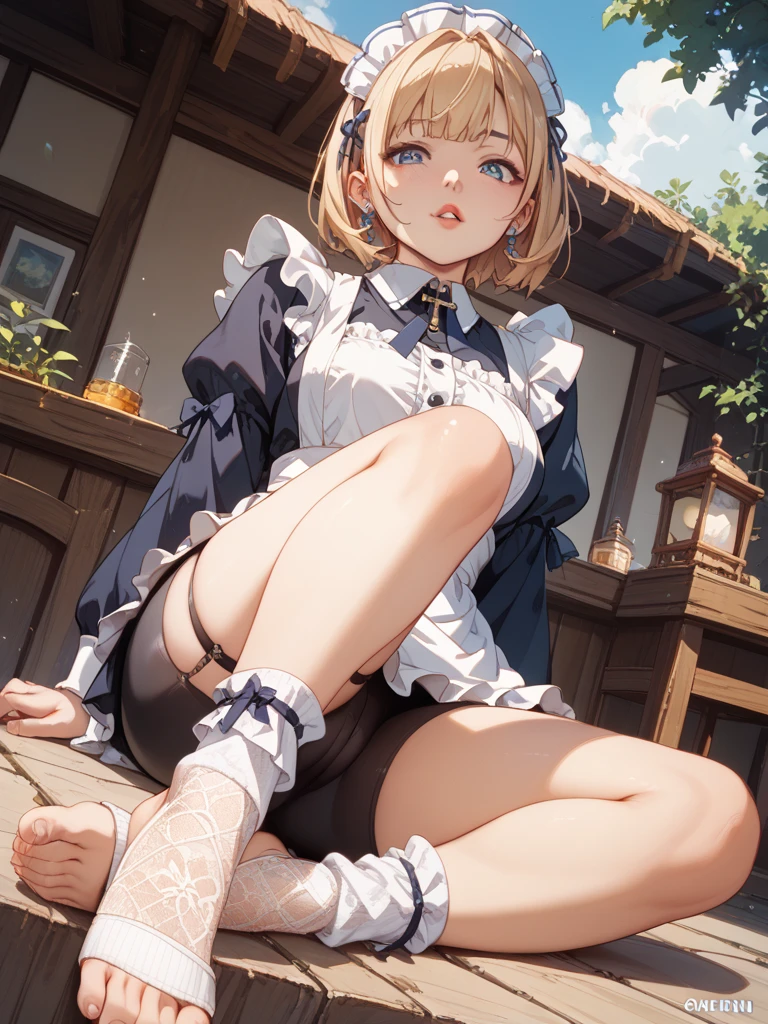 highest quality、masterpiece、((1 girl:1.5))、((smile:1.3))、(blush:1.4)、Black Shirt、blouse、((fun!!))、(Small breasts)、()、Blonde、(Long sleeve)、((White apron:1.5))、((Maid))、((hair ornaments)),、Kamimei、look at me、 ((in house:1.5))、 Taking a break from watching the audience、Cowboy Shot、((Shaved:1.5))、(Roll-up skirt:1.3)、(Fully exposed and highly detailed labia:1.5)、((Skirt lift:1.5)),()、()、、(スカート that rolls up:1.3)、()、Light blue eyes、long hair、Glowing Eyes