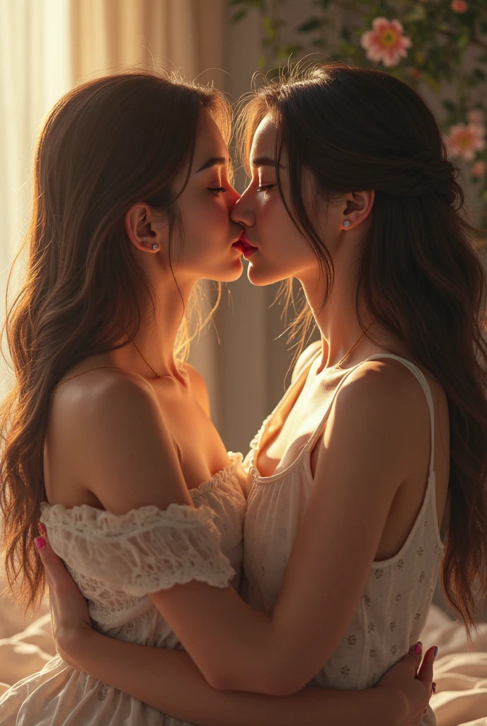 "Capture moments of passion and intimacy: Two women, Deeply in love, Hug tightly, Share a passionate kiss."