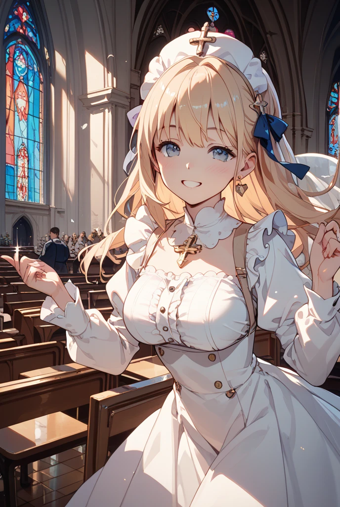 masterpiece, Highest quality, High Resolution, HS1,blush、smile,NSFW、church、Big Breasts、Stained glass、camisole