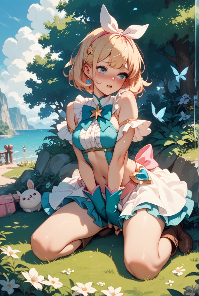 Klee, flat chest, full body, thick thigh ,mini skirt ,short dress, chemise,high-waisted skirt, dress, openlegs,White silk pantyhose,good eyes,Smiling softly, cute, perfect body ratio,armpit