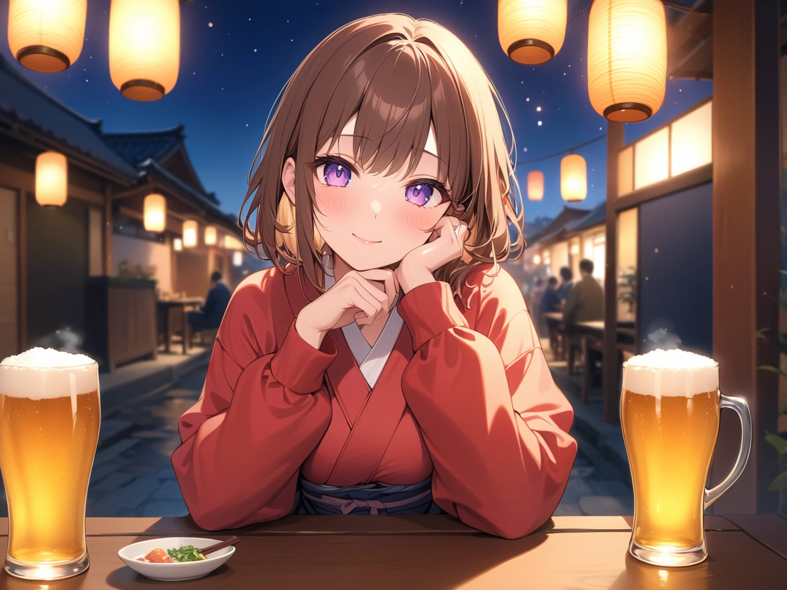 High resolution,high quality,Perfect body,Perfect Face,Perfect Fingers,1girl,Ryokan room,Outside the window is night,Yukata,Chestnut Hair,Cleavage,Hot face,smile,looking at the camera
