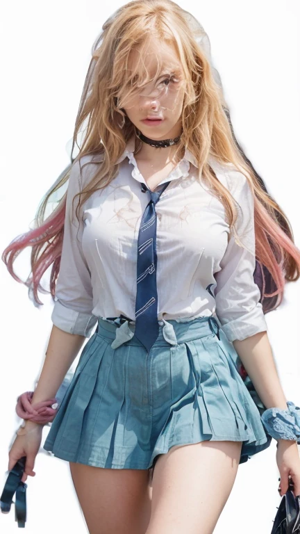 akizuki airi. oni chichi, masterpiece, best quality, super detailed, illustration, flat color, depth of field,
1 girl, young, anime, standing, street, full-length, blonde, twintails, sideways, looking at the viewer, red pleated miniskirt, wet white button-down shirt, school uniform, serafuku, blue tie, no bra, black tights, small backpack, detailed skin texture, detailed fabric texture, beautiful detailed face, big breasts, blue eyes, pregnant, tired, air kiss