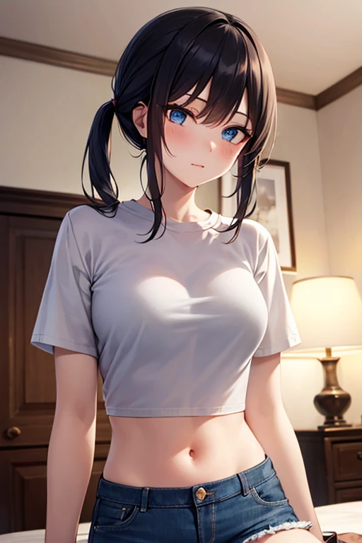 masterpiece, best quality, ultra detailed, ultra high resolution, very detailed face, solo, ((anime)), 22 years old japanese girl, (((t-shirt, croptop))), (((see-through skirt))), ((brown bob hair)), (((medium breast))), ((good mood)), standing in the room