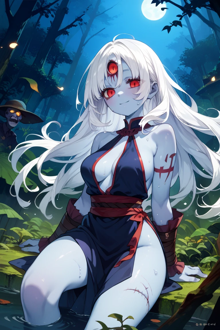 One Demon Girl, Swimming in the lake, Masterpiece, Best Quality, in full height (Body Full 1.1.), Highly detailed hands, Very detailed fingers, Beautiful waist, nice feet, hiquality, Highly detailed face, Depth of field, HDR, Very detailed, Ray Tracing, full - body, Dark Fantasy, Demon Tattoo, Ultra Beautiful, lovely small breasts. white colored hair,Transition to red, pale skin, woods, Night Forest, moon light, Beautiful figure, taut clothes, black cape on pink kimano, Lovely Medium Breasts, Smiling, gray eyes, handsome body, sexy clothes, Beautiful eyes, very detailed eyes, Very detailed face, handsome body, Cherecter Desing, Very detailed, Detailed body, Detailed hands, Detailed, Vibrants, Detailed Face, sharp-focus, WLOP, artgerm, anime art, Vibrants, Detailed Face, Hugh Details, sharp-focus, Very drooping face, A detailed eye, super fine illustration, better shadow, finely detail, Beautiful detail