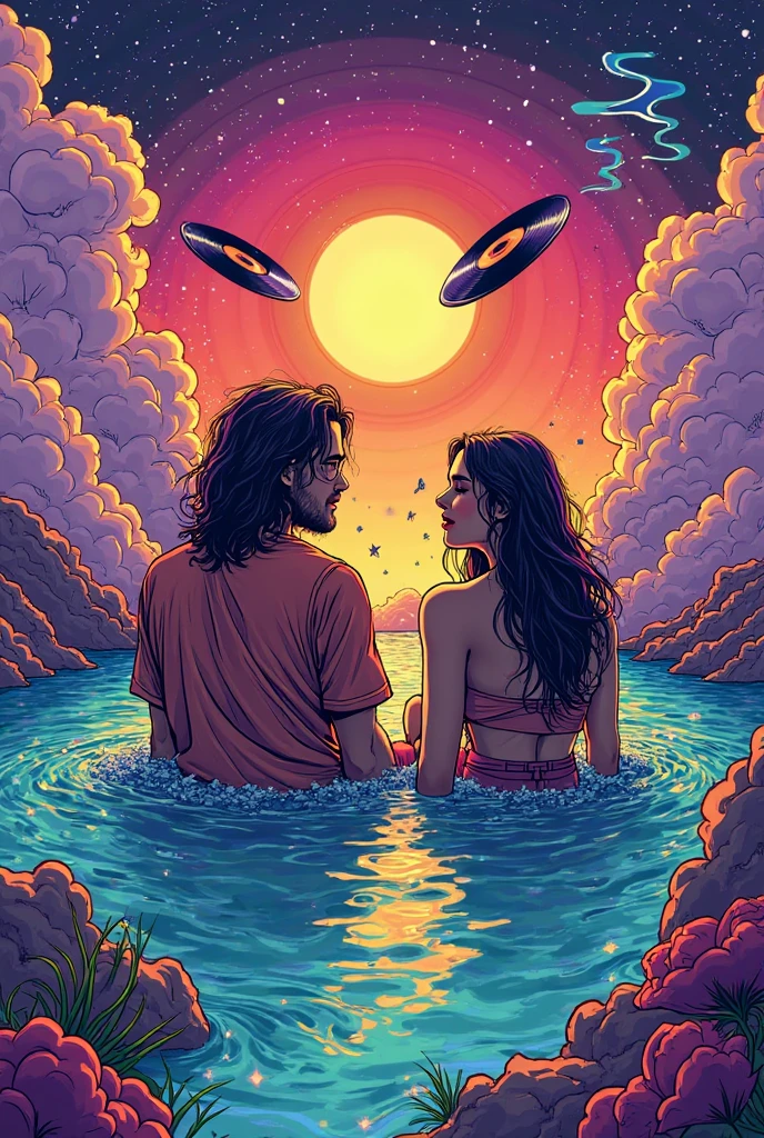 Make a tarot card style picture, the content is a couple, and then to reflect their two faces, standing on a waterhole, the shadow under the couple is a demon, want the waterhole above is ordinary humans, the reflection of the water is a demon, the male has warm colors, the women use cool colors, and then the colors are not too much
