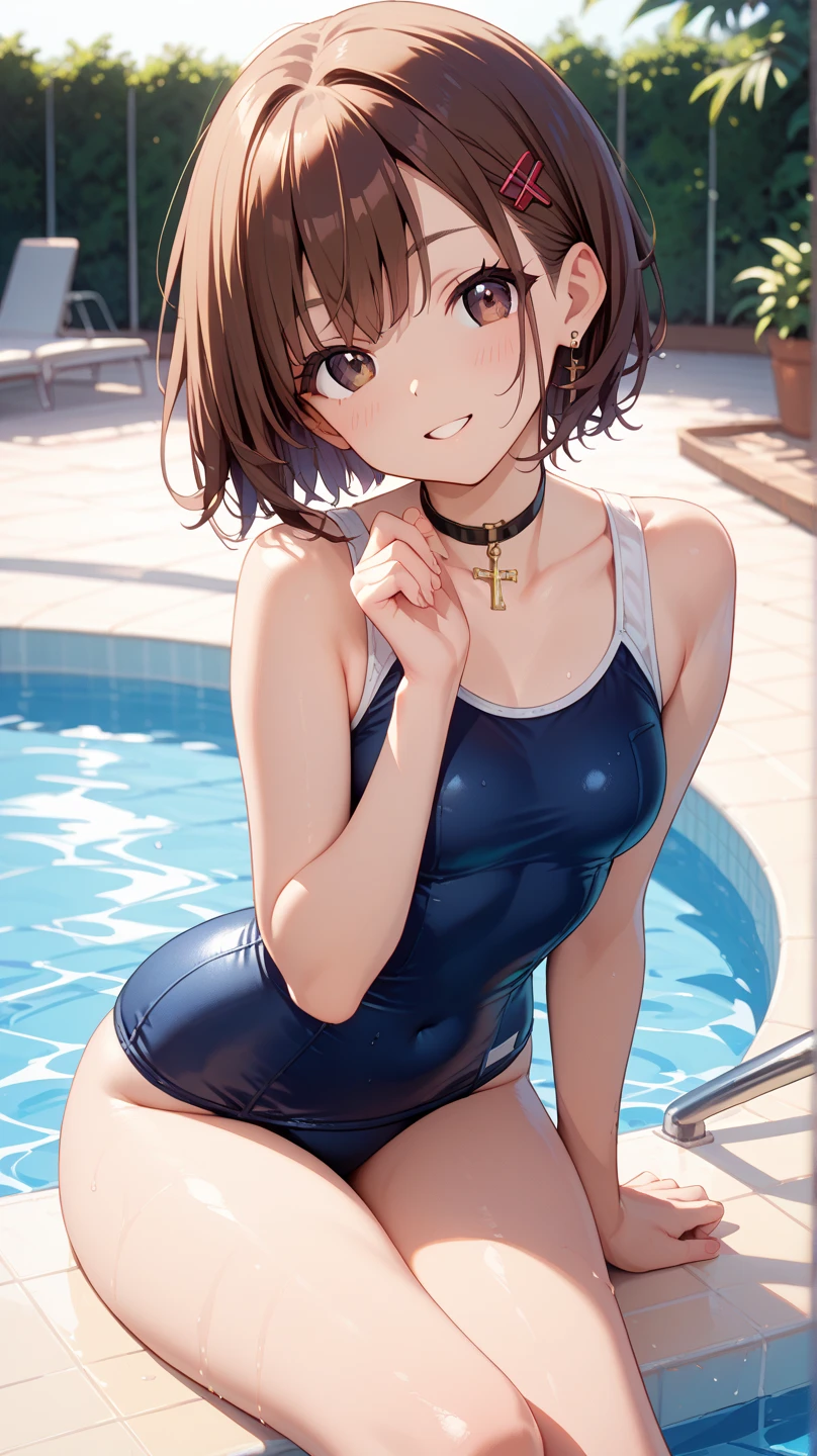 ((Metallic one-piece_swimsuits, lying on the water and floating, Mediterranean Sea)), skindentation, skinny, solo, 1 woman, Masterpiece, highest quality, highest quality, 16K, incredibly absurd, highly detailed, 2.5D, ai-generated, delicate and dynamic, very delicate facial expressions, delicate eye depiction, erotic, only sexy woman, healthy figure, 25-year-old woman, bride, 160cm tall, medium firm swaying bust, (dark hair), (short hair), black eye, blush, Sweat,Embarrassed,sexy, ((thin thighs)), (Erect nipples:1.0), (visible nipples:1.0), (camel toe:0.8), ((shiny and lustrous)), facing straight at viewer, ((brown_skin:1.5)), ((Oily_skin)), sweaty skin, wet skin, dutch angle, sexy pose,lying,
