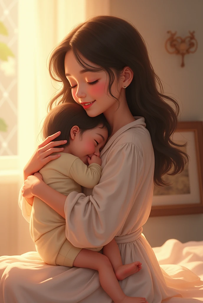 A slightly thin woman with long straight hair with a middle part, carrying a chubby, dark, smiling baby in burgundy clothes