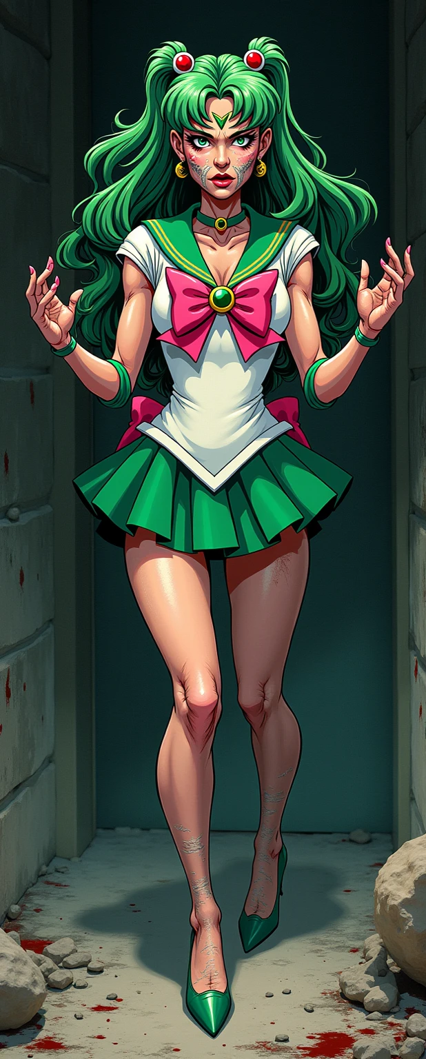 (masterpiece, Ultra High Resolution, 16 K, absurdness quality:1.3), 1girl in, (Realistic photos of Sailor Jupiter:1.4 ponytails:1.15, Brown hair color:1.15, Beautiful woman:1.15, hyper detailed face:1.3), Perfect eyes, (Natural huge chest:1.2), (tiara:1.3, Sailor Uniform:1.25, White Gloves:1.1, Green sailor color:1.15, Green skirt:1.1, Green High Heels, elbow groves:1.1, Bare legs, Pink ribbon:1.1), (she use ice freeze magic with magical stick:1.75), (Interior of a realistic abandoned building:1.1, Dark atmosphere:1.45),