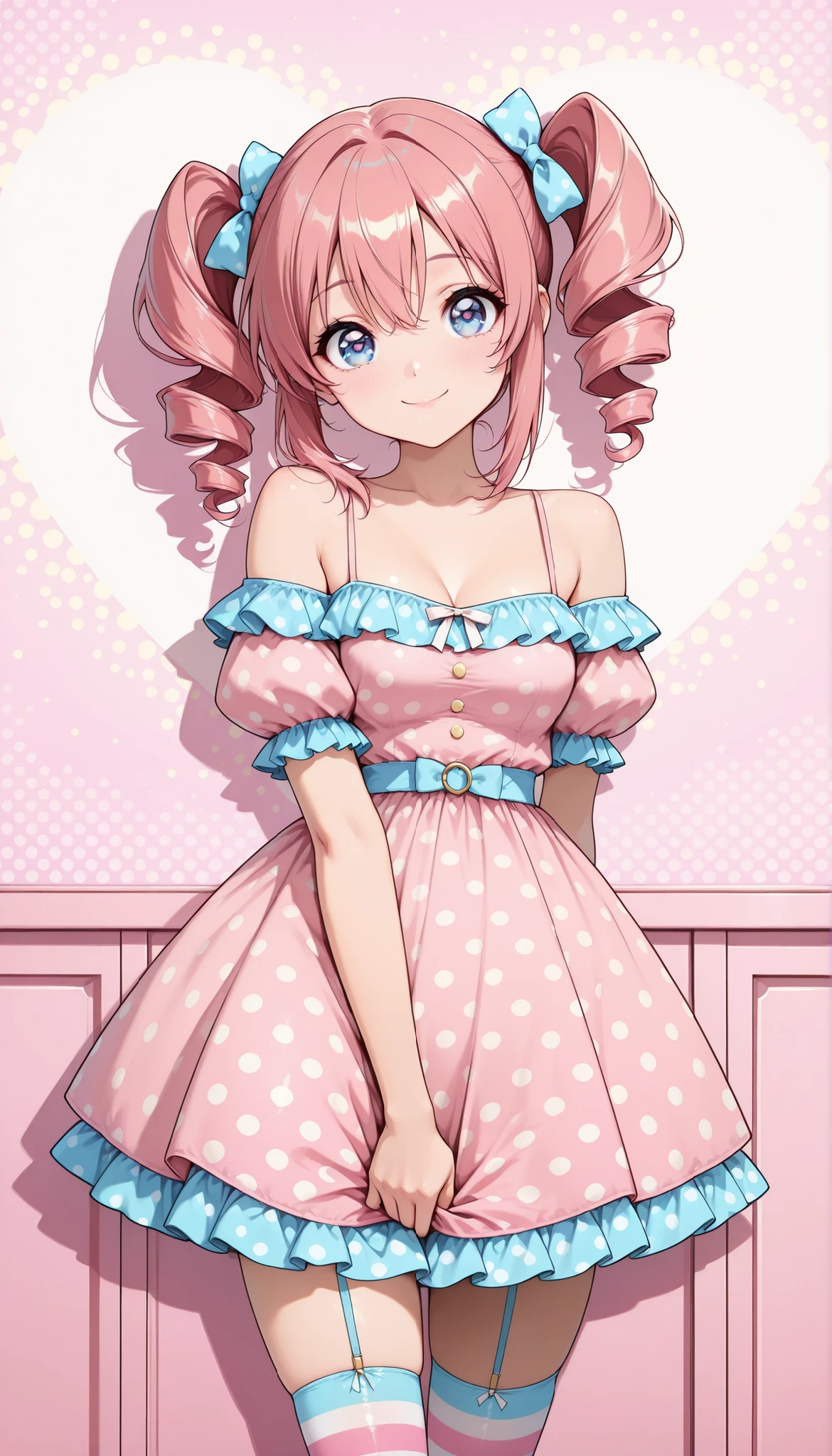 Cute Twentysomething Female, Miho Nakano, (big eyes), (Xiaoyan), (High Detail Skin:1.2), sexy faces, Glamorous Expression, Beautiful appearance, pink hair, twin drill, (comic style eyes , smile, droopy eyes), pop art, colorful, bright color, pastel color, (detailed clothes, ruffle dress, polka dot dress, off shoulder, puff sleeve, Striped Stockings), Japanese anime style, (standing, cute pose in an old room, pink pastel room background, cute pop decor), kawaii, Moe, Interesting, bright style , (Highest Quality, Very Detailed, CG illustration, masterpiece:1.2, Best Aesthetics).