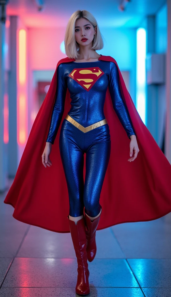(((Make the most of the original image)))、(((Supergirl Costume)))、(((shiny short hair)))、(((Suffering)))、(((Feet must necessarily be worn with black tights)))、(((Smile)))、(((You need to wear red boots)))、((Top image quality、8K))、((top-quality、8K、masterpiece:1.3))、Crisp focus:1.2、Beautiful woman with perfect body shape:1.4、Slender Abs:1.2、((layers-Cut、large boob:1.2))、a wet body:1.5、Highly detailed facial and skin texture、
