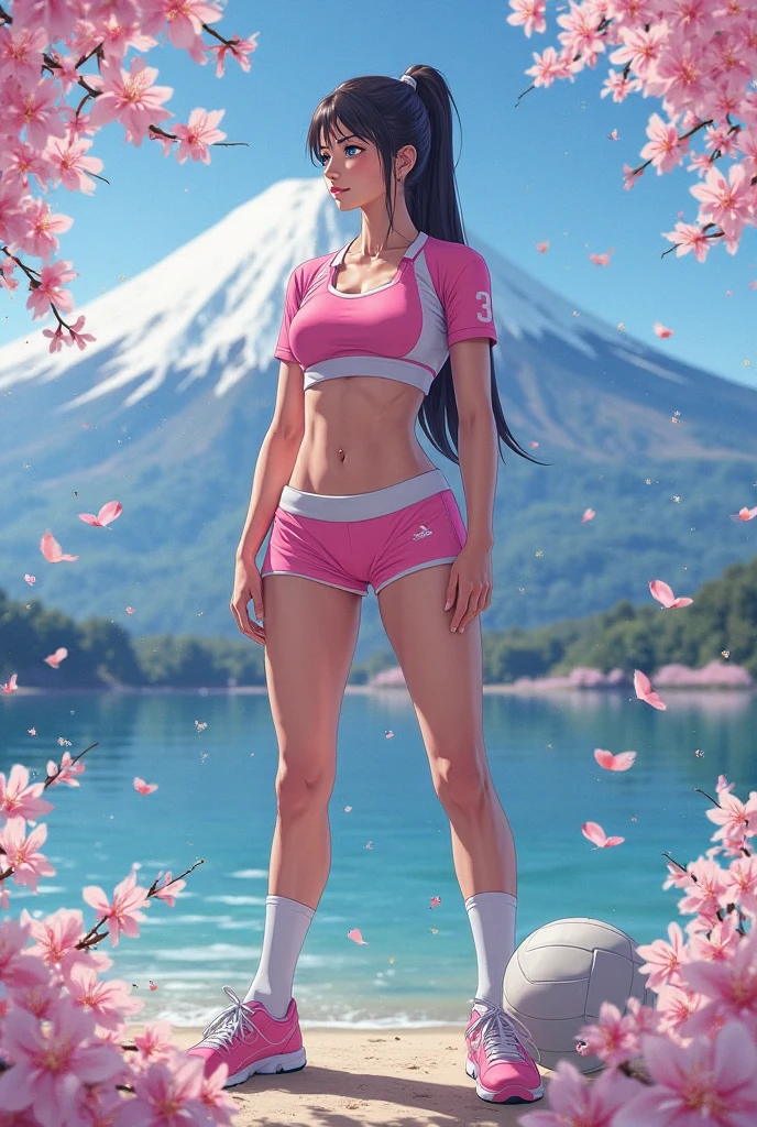 masutepiece, fullllbody, 1girl in, Solo, Standing, Pink tones, Manga style, pink cherry blossoms nearby,14years, Pink hair, swim wears, (White background), Looking at the viewer, side front pose
