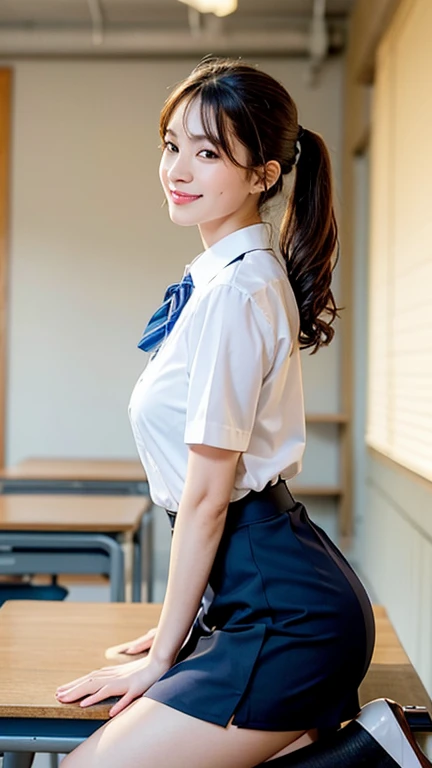 masterpiece、Highest quality、High resolution、(masterpiece), Ultra-realistic photos、((Beautiful Japanese Girls:1.3)) ((School uniform:1.4)) ((Panty shot:1.5)) ((high school)),((Dark blue skirt:1.3)) ((In the classroom:1.3)) ((thin_fabric:1.4)) ((Random sexy poses:1.3)) ((Sweaty:1.5))((Blushing:1.4)) ((Big Breasts:1.4)) ((close:1.2)) Highest quality,masterpiece,超High resolution,(Realistic:1.4),RAW Photos,(Real skin texture:1.3),(Film Grain:1.3),Panorama,Character Portrait,Very wide shot,Tight waist,Cowboy Shot,(In the Dark, Deep Shadow, Modest, Cold Light,) night,(()),Tears flow,,Dust,Tyndall effect,(Performance),One girl,Beautiful and detailed eyes and face,White Jabot,Brown eyes,((Brown Hair:1.2)) ((whole body:1.3)) ((smile:1.3))、Big Breasts、reality、cute、Flip up the skirt、Show your pants、Show me your pants、Roll up your skirt、Show me your ass