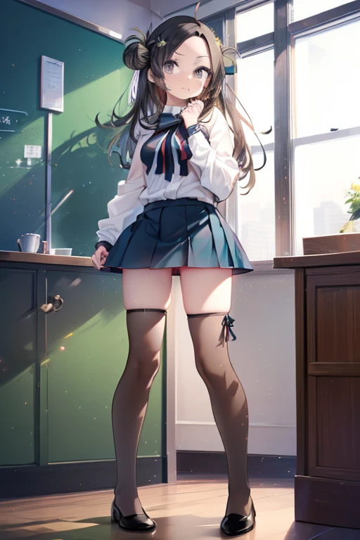 highest quality,masterpiece,8k,1girl,medium breasts,orgasm,blush, sweat,mini skirt,lift skirt,upskirt,white panties,Mizuki Yukikaze,hair ribbon, green shirt, serafuku, white neckerchief, long sleeves, pleated skirt, black skirt, black thighhighs, loafers
