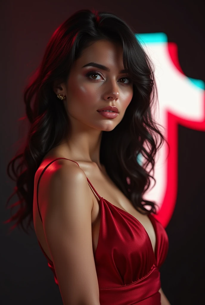 (a beautiful argentinian woman, 1 woman, detailed face, beautiful eyes, beautiful lips, high quality, extremely detailed, photorealistic, 8k, hyper detailed, masterpiece, concept art, elegant, glamorous, red top, black shorts, red bra, red dress, red hot, uplifting bust, busty, thick neck, 3/4 bust, sexy, beautiful argentinian goddess, 2, sensual look, red accents)