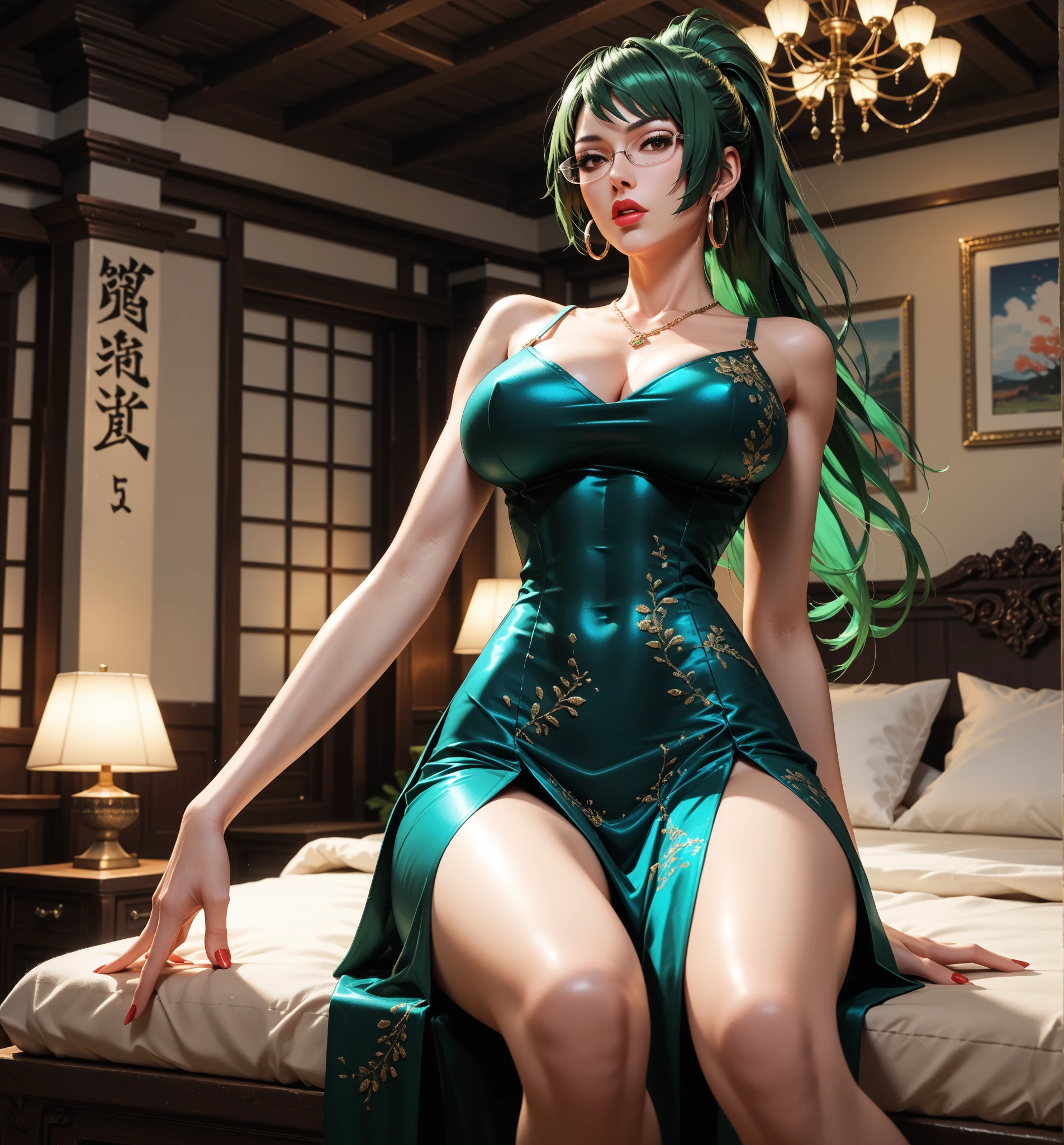 studio lights、depth of fields、The upper part of the body、A slender、cute face、A smile、Beautiful detail eyes、Green Dress Flower Cleanser,Sense of atmosphere, best qualtiy,tmasterpiece,1girll,30-years old,Green dress,Daytime Church,full body Esbian, Green gloves,with short black hair,,big breasts beautiful,looking at viewert,ssmile,Green Bridal Veil,Green Long Grove,Satin green long gloves, lipsticks, Pearl Necklace、Green gloves, emerald tiara, A Japanese Lady, the kiss, Pregnancy